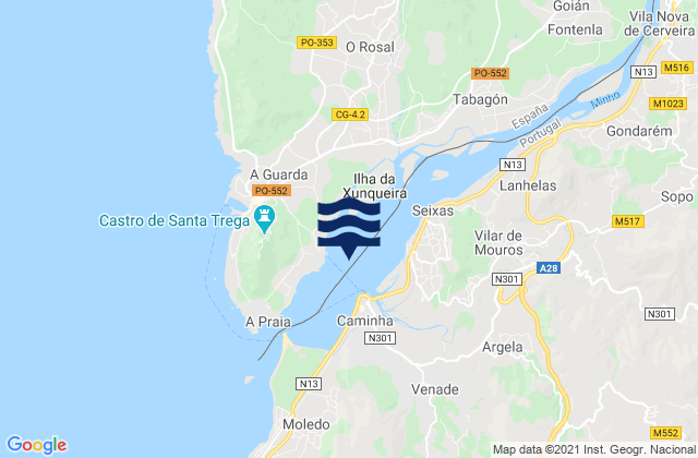 Carte des horaires des marées pour Vila Nova de Cerveira, Portugal