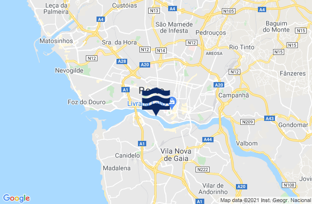 Carte des horaires des marées pour Vila Nova de Gaia, Portugal