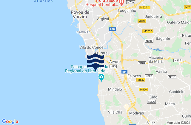 Carte des horaires des marées pour Vila do Conde, Portugal
