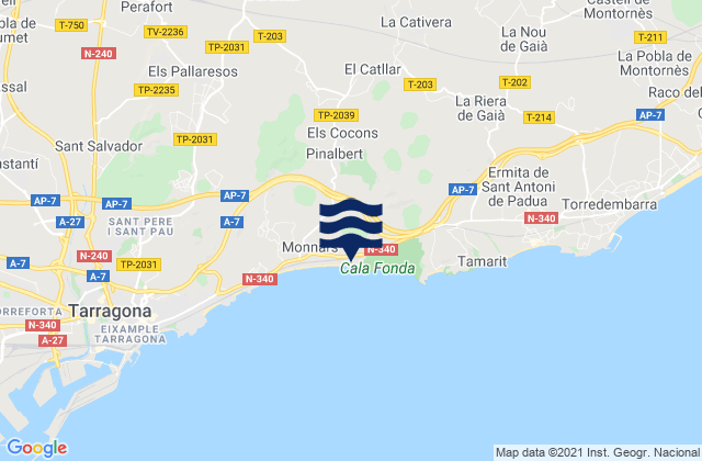 Carte des horaires des marées pour Vilabella, Spain