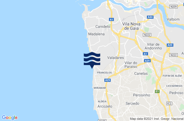 Carte des horaires des marées pour Vilar do Paraíso, Portugal
