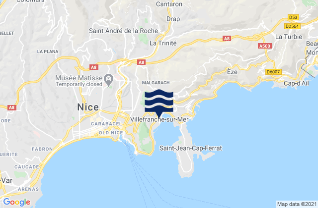 Carte des horaires des marées pour Villefranche-sur-Mer, France