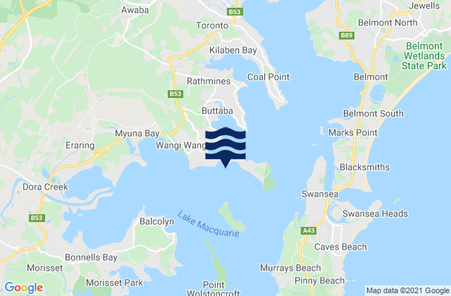 Carte des horaires des marées pour Wangi Wangi Beach, Australia