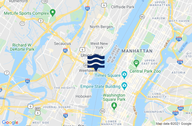 Carte des horaires des marées pour Weehawken (Union City), United States