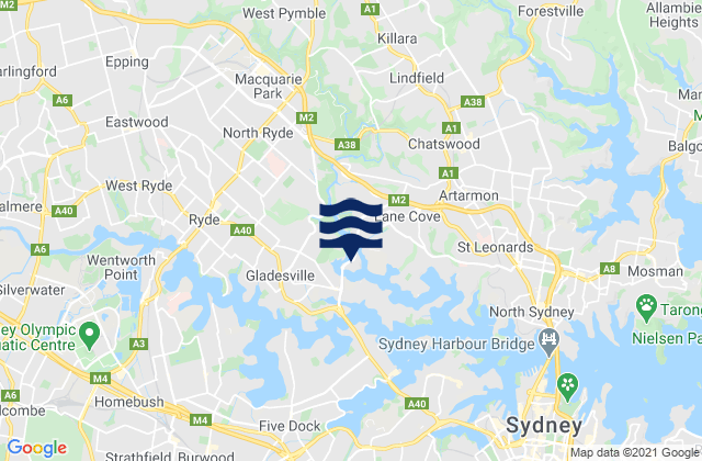 Carte des horaires des marées pour West Ryde, Australia