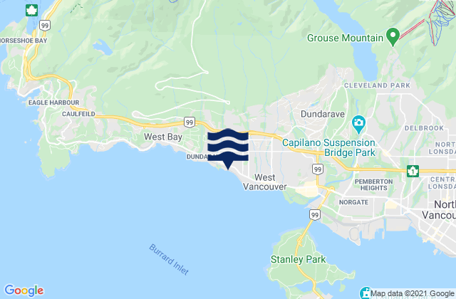 Carte des horaires des marées pour West Vancouver, Canada