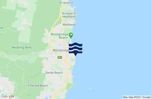 Carte des horaires des marées pour Woolgoolga Back Beach, Australia