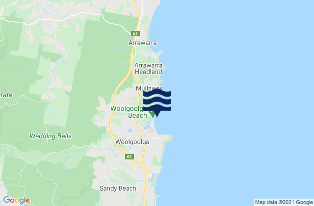 Carte des horaires des marées pour Woolgoolga Beach, Australia