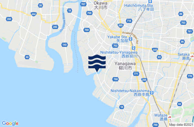 Carte des horaires des marées pour Yanagawa Shi, Japan