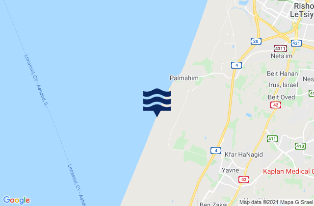 Carte des horaires des marées pour Yavné, Israel