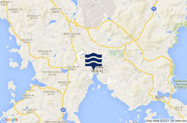 Carte des horaires des marées pour Yeosu-si, South Korea