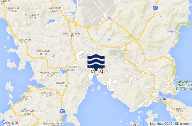Carte des horaires des marées pour Yeosu, South Korea