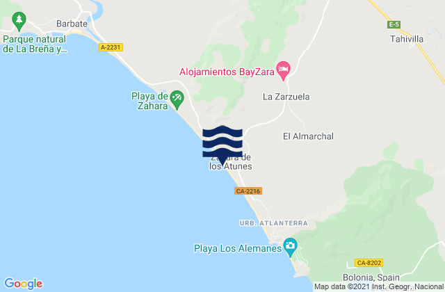 Carte des horaires des marées pour Zahara de los Atunes., Spain