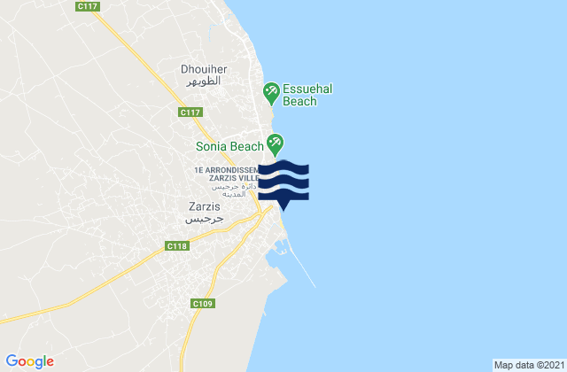 Carte des horaires des marées pour Zarzis, Tunisia