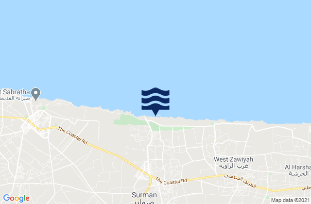 Carte des horaires des marées pour Şurmān, Libya