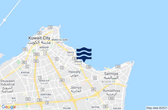 Carte des horaires des marées pour Ḩawallī, Kuwait