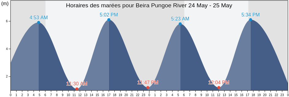 Horaires des marées pour Beira Pungoe River, Concelho da Beira, Sofala, Mozambique