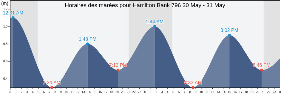 Horaires des marées pour Hamilton Bank 796, Côte-Nord, Quebec, Canada