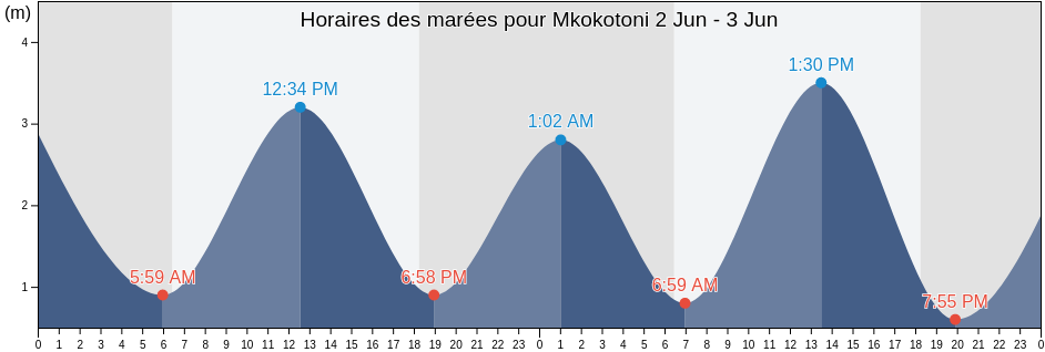 Horaires des marées pour Mkokotoni, Kaskazini A, Zanzibar North, Tanzania