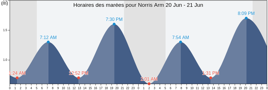 Horaires des marées pour Norris Arm, Newfoundland and Labrador, Canada