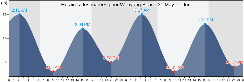 Horaires des marées pour Wooyung Beach, Tweed, New South Wales, Australia