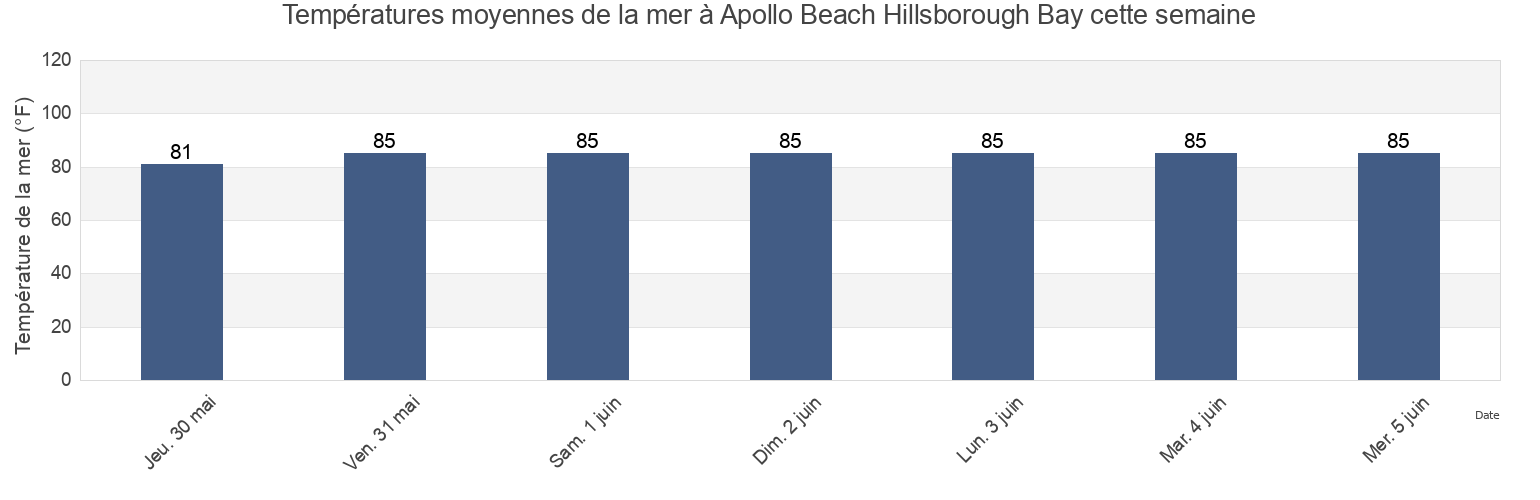 Températures moyennes de la mer à Apollo Beach Hillsborough Bay, Hillsborough County, Florida, United States cette semaine
