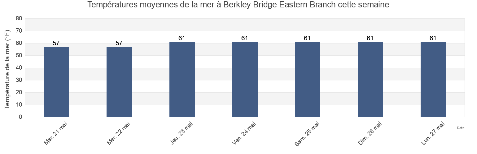 Températures moyennes de la mer à Berkley Bridge Eastern Branch, City of Norfolk, Virginia, United States cette semaine
