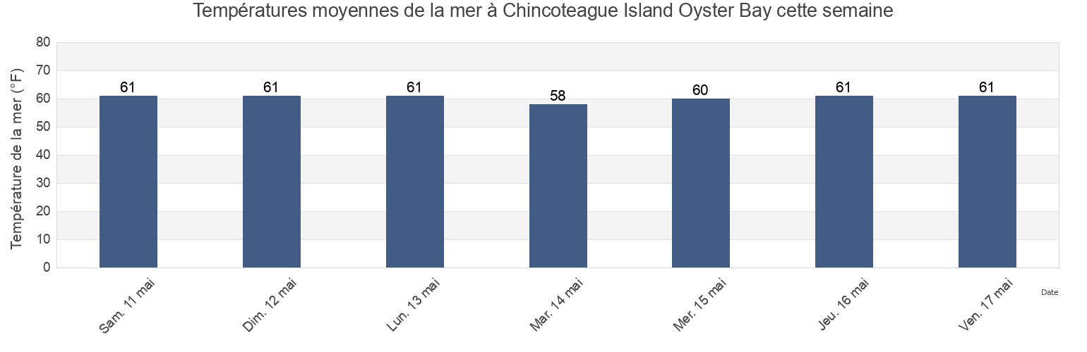 Températures moyennes de la mer à Chincoteague Island Oyster Bay, Worcester County, Maryland, United States cette semaine