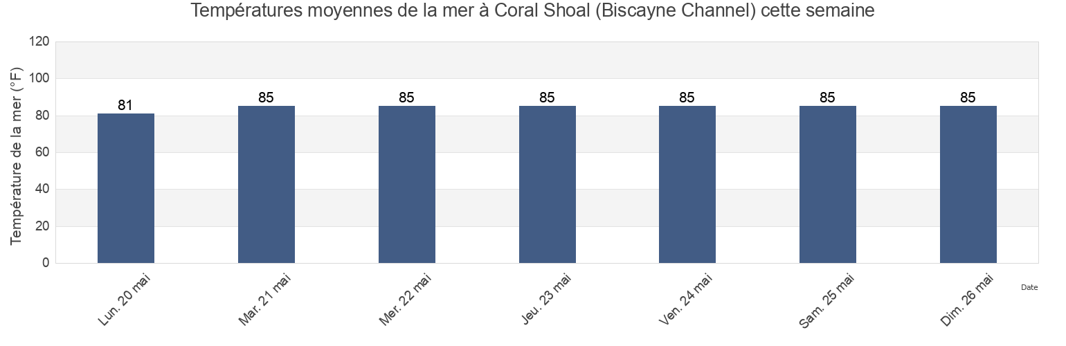 Températures moyennes de la mer à Coral Shoal (Biscayne Channel), Miami-Dade County, Florida, United States cette semaine