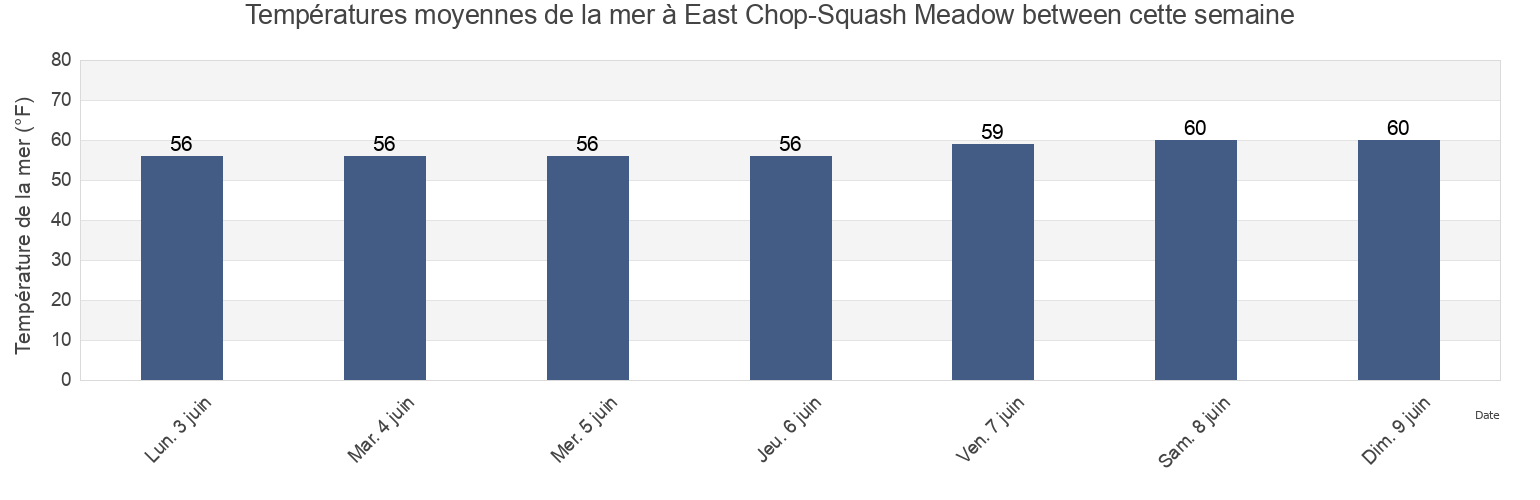 Températures moyennes de la mer à East Chop-Squash Meadow between, Dukes County, Massachusetts, United States cette semaine