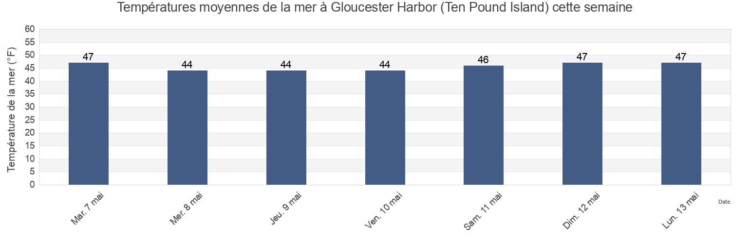 Températures moyennes de la mer à Gloucester Harbor (Ten Pound Island), Essex County, Massachusetts, United States cette semaine