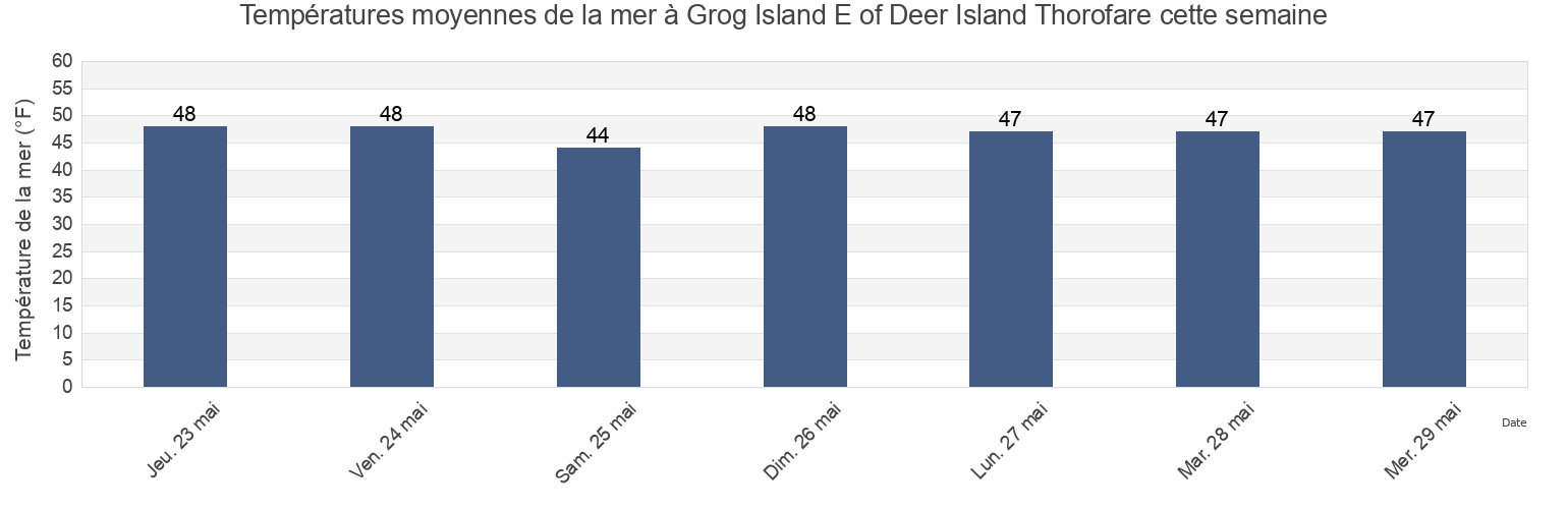 Températures moyennes de la mer à Grog Island E of Deer Island Thorofare, Knox County, Maine, United States cette semaine