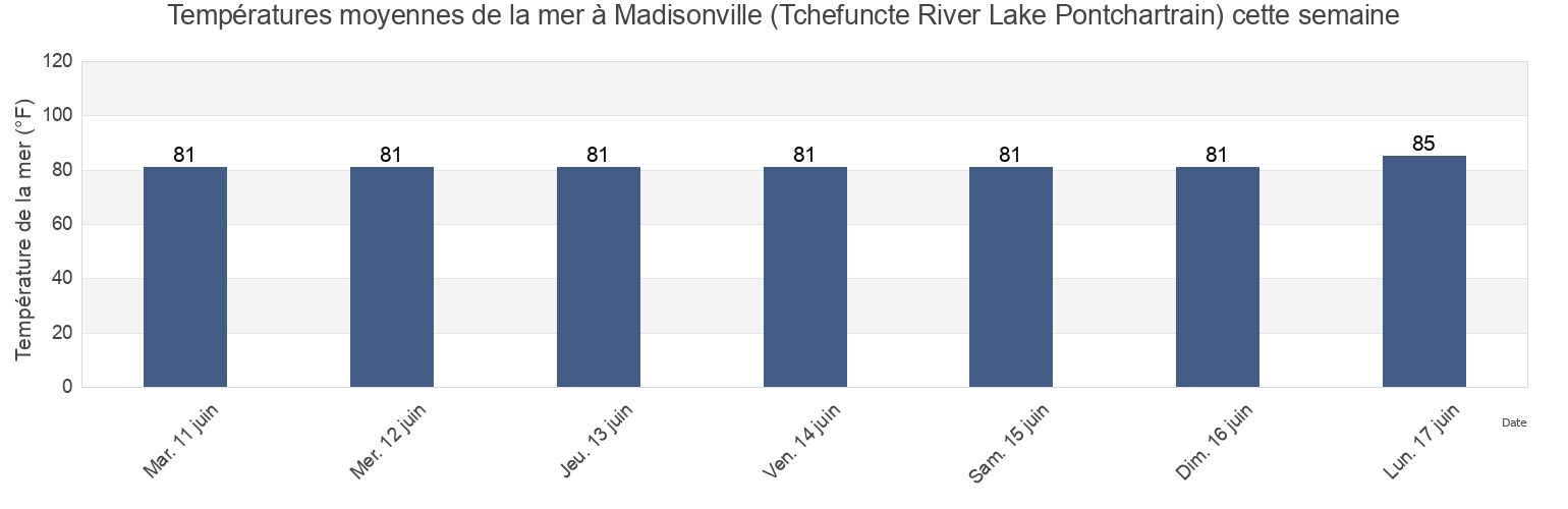Températures moyennes de la mer à Madisonville (Tchefuncte River Lake Pontchartrain), Saint Tammany Parish, Louisiana, United States cette semaine