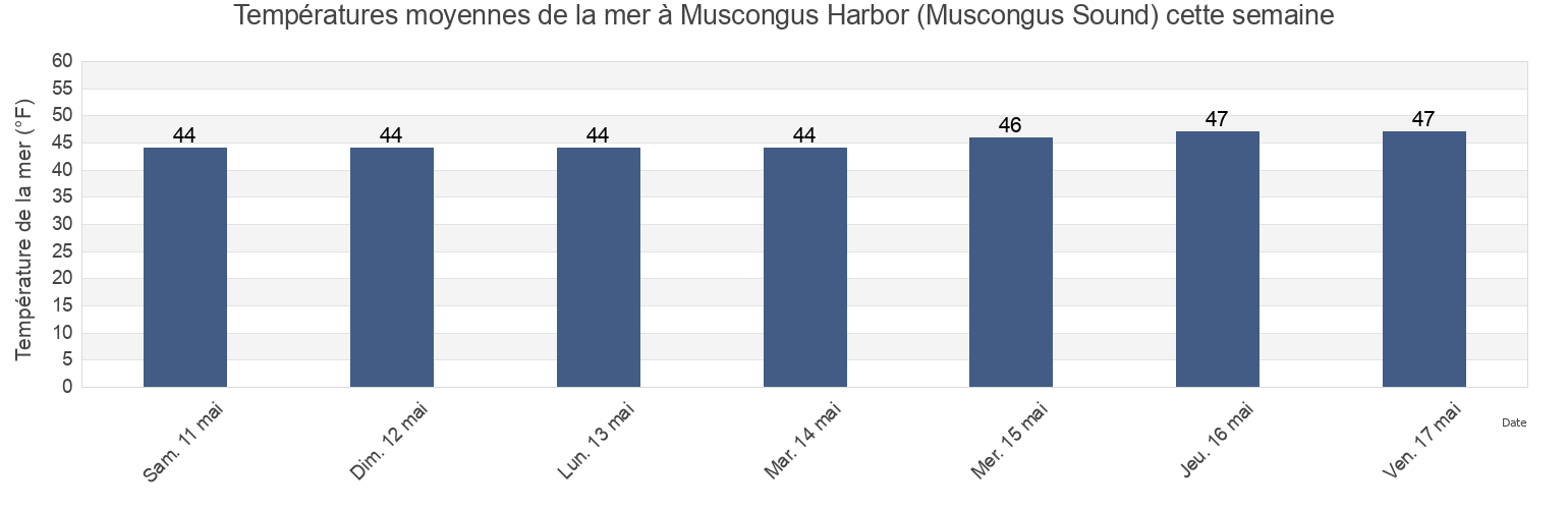 Températures moyennes de la mer à Muscongus Harbor (Muscongus Sound), Lincoln County, Maine, United States cette semaine