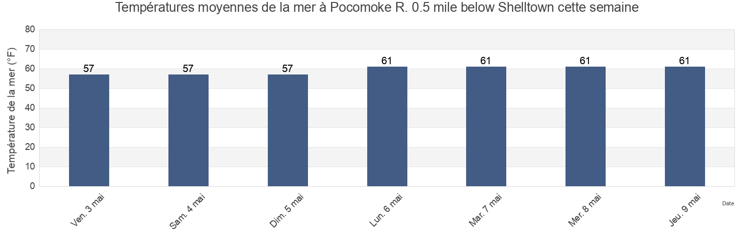 Températures moyennes de la mer à Pocomoke R. 0.5 mile below Shelltown, Somerset County, Maryland, United States cette semaine