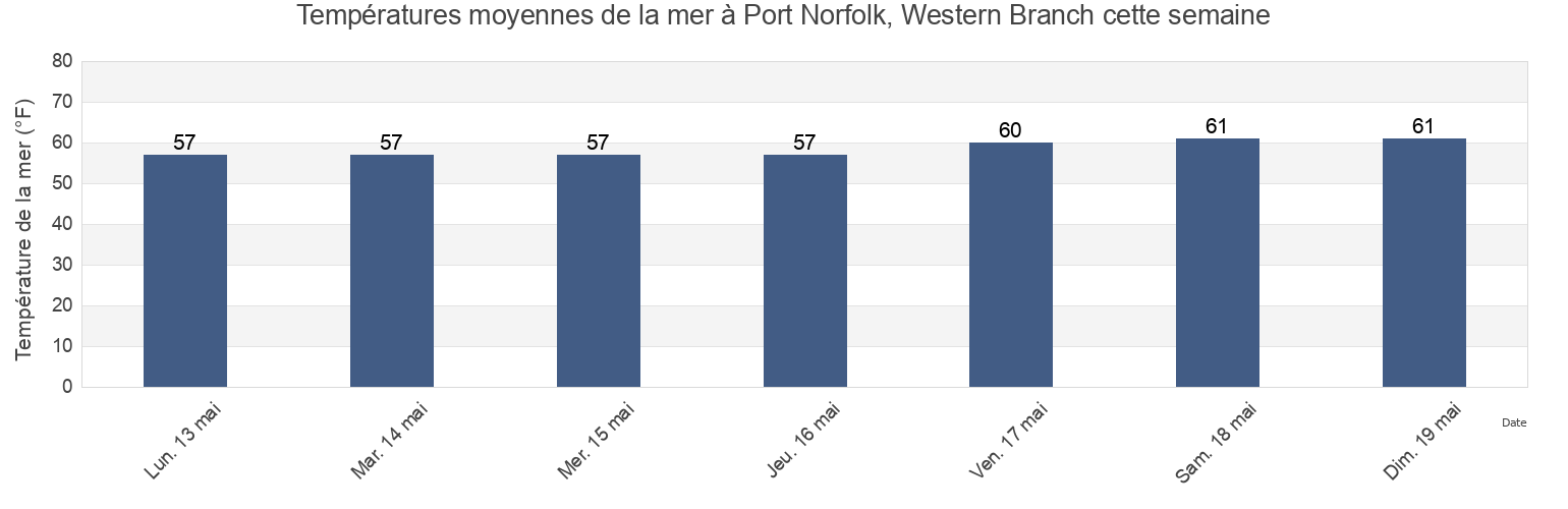 Températures moyennes de la mer à Port Norfolk, Western Branch, City of Portsmouth, Virginia, United States cette semaine