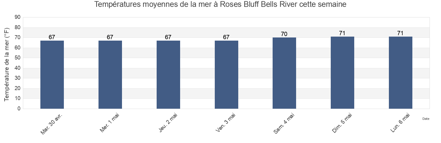 Températures moyennes de la mer à Roses Bluff Bells River, Camden County, Georgia, United States cette semaine