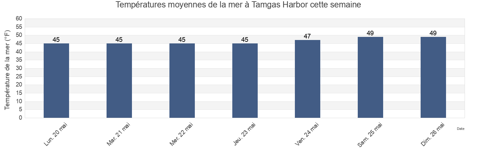 Températures moyennes de la mer à Tamgas Harbor, Prince of Wales-Hyder Census Area, Alaska, United States cette semaine