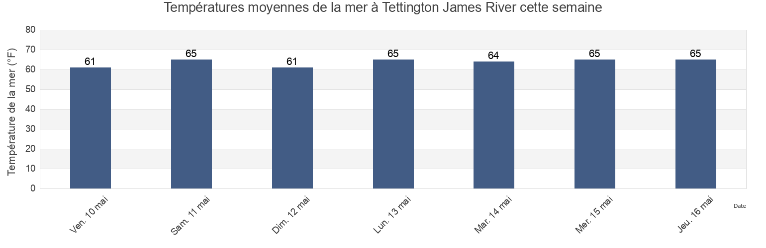 Températures moyennes de la mer à Tettington James River, James City County, Virginia, United States cette semaine