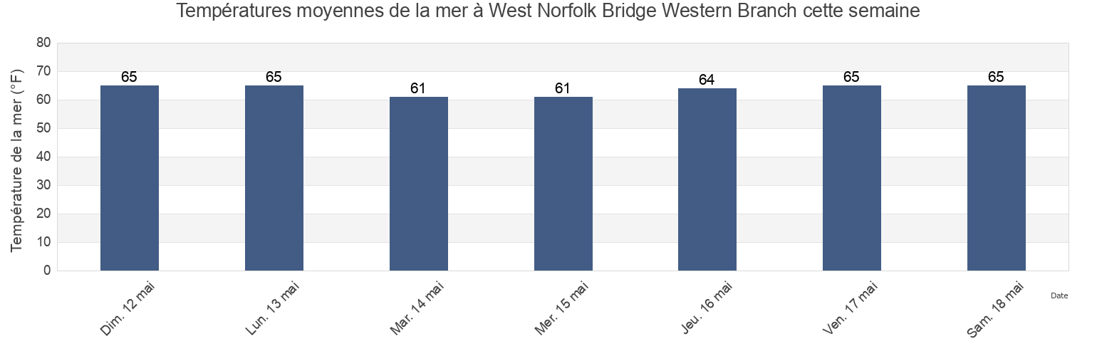 Températures moyennes de la mer à West Norfolk Bridge Western Branch, City of Portsmouth, Virginia, United States cette semaine