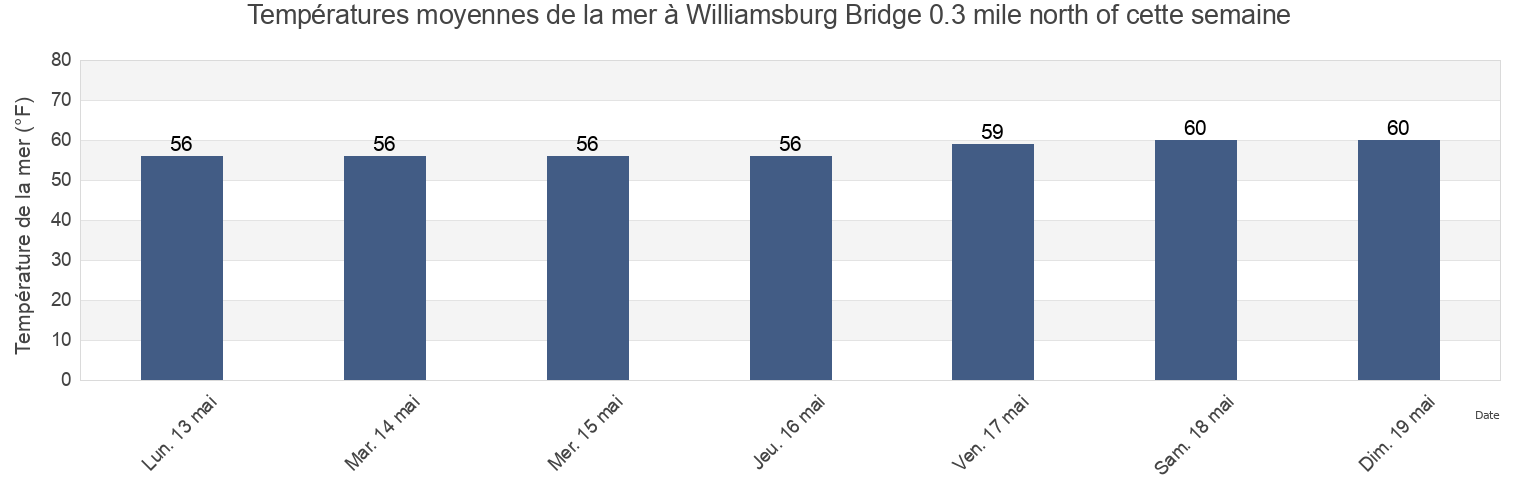 Températures moyennes de la mer à Williamsburg Bridge 0.3 mile north of, Kings County, New York, United States cette semaine